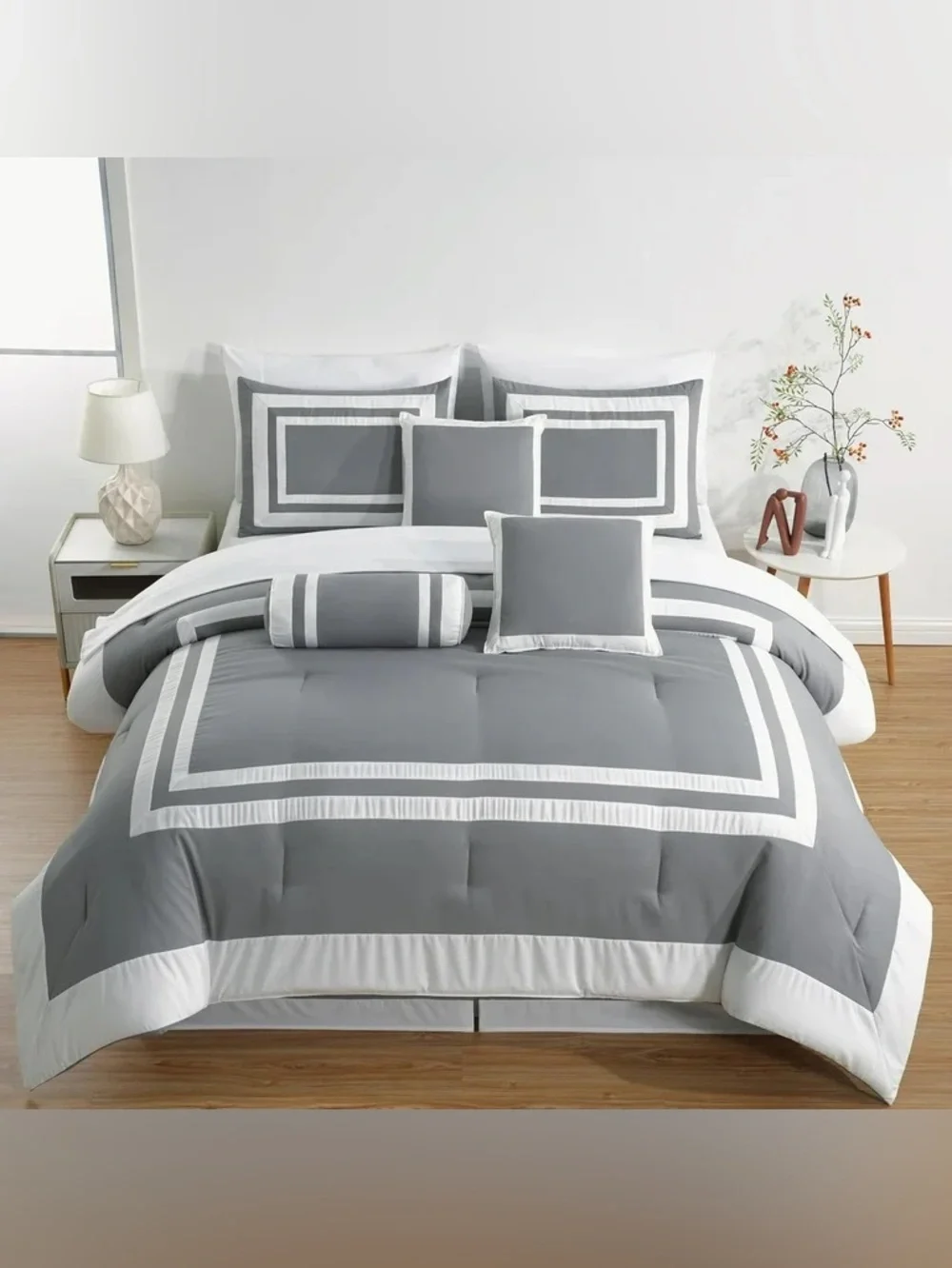 Gray and White Geometric cal king 3 piece Comforter Set